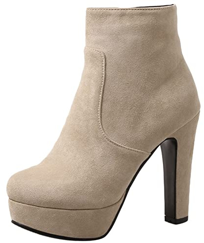 Lroey Reoly Botines Mujer Tacón Ancho, Botas de Vestir Tacón Alto Punta Rojoonda Botín Plataforma Zip 307 Beige Talla 34 EU