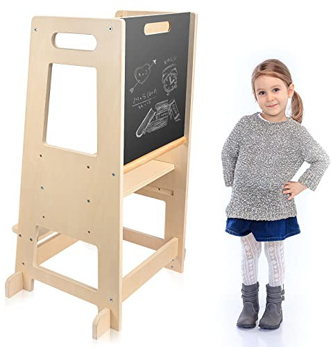 Torre de Aprendizaje Infantil Montessori 3 en 1, Taburete de Madera Ajustable con Pizarra, Torre de observación con pies antivuelco para niños a Partir de 1 año de Edad, máx. 80 kg
