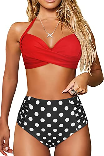 JFAN Traje de Baño Mujer 2 Piezas Conjunto de Bikini Push Up Bañador Bikini Tops y Bottoms Cintura Alta (Lunares Rojos,XL)