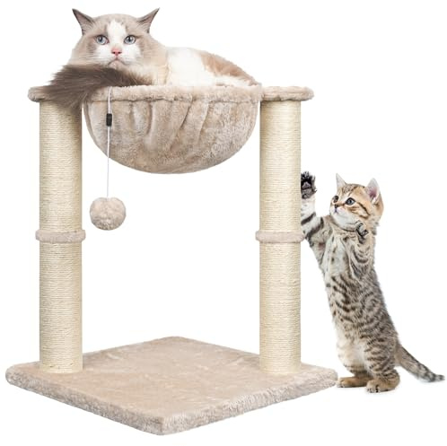 Cat Scratching Post, 50cm Cat Tree with Cat Hammock Bed, Scratching Posts for Indoor Cats with Hanging Ball Toy, Small Cat Tree for Kitten Pets Playing and Relaxing, Beige