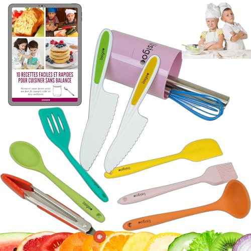 Küchenzubehör für Kinder, Montessori Kinder-Küchen-Set, bestehend aus Kindermesser, Nudelrolle, Maryse, Spatel, Löffel, Schneebesen, Pinsel, Schöpfkelle, Zange, Utensilientopf