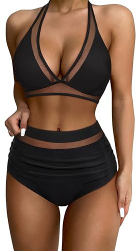 RXRXCOCO Damen Mesh Neckholder Rückenfrei Bauchweg High Waist Bikini Set Push Up Sexy V Ausschnitt Zweiteiliger Badeanzüge Bademode Schwarz Size M