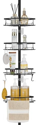 DUFU Modern Black Corner Shower Caddy with 4 Bathroom Baskets, 10 Hooks, 2 Towel Rail, No Drilling, 93-322 cm Floor to Ceiling, Black