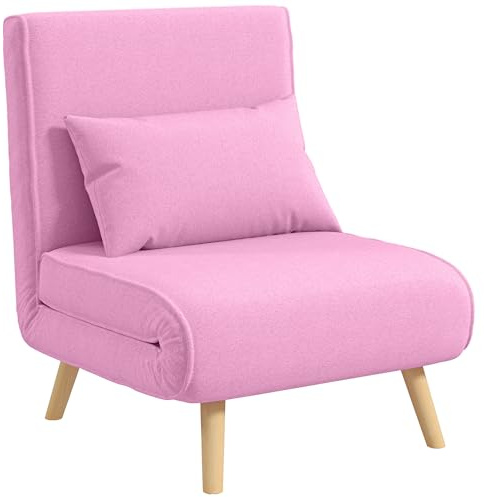 HOMCOM Sofá Cama Individual Plegable 3 en 1, Sofá Cama, Tapizado en Lino, con Respaldo Ajustable 5 Posiciones, 1 Almohada, para Dormitorio, Salón, Rosa