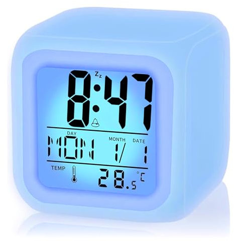 Digital Alarm Clock, Kids Alarm Clock, 7-Color Changing Night Lights, Alarm Clocks Bedside with Temperature, Calendar, Snooze, Easy to Set Travel Digital Clock,Battery Operated, Gifts for Boys, Girls