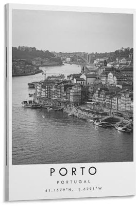 Stampa di viaggio Porto, poster di Porto, decorazione da parete unica, coordinate bianche e nere, decorazione per la casa, Porto Portogallo, poster decorativo da parete per bar, ristorante, garage,