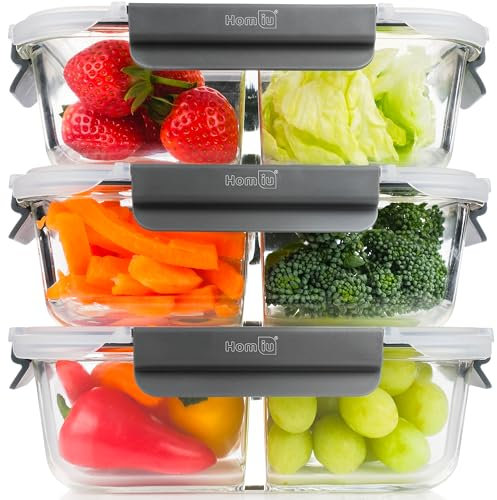 Homiu 3 Pack Glass Food Containers with Lids | Airtight Meal Prep Containers | BPA Free Leak Proof | Reusable Microwave, Freezer, Oven Safe Lunch Box | Glass Food Storage Containers