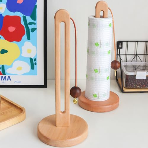 Wooden Kitchen Roll Holder Free Standing, Beech Wood Paper Towel Holder Stand for Kitchen Counter, Non Slip Towel Roll Holder Countertop, Farmhouse Organizer Fits Most Size Paper Roll