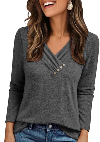 Cuptacc Camiseta Manga Larga Mujer con Cuello En V Color Sólido Casual Oversize Jersey Algodón Térmica con Botones Camiseta Elegante Mujer Gris Oscuro L