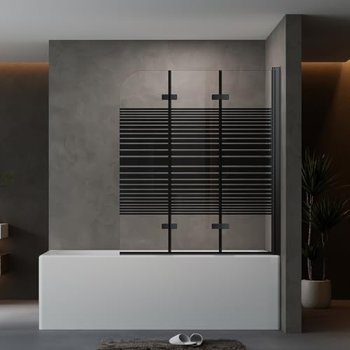AQUENITH Duschwand für Badewanne 140x140cm 3-Teilig Faltbar Badewannenfaltwand Badewannenaufsatz in Schwarz Klappbar Duschwand aus 6mm ESG NANO Beschichtung Glasdusche