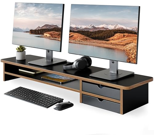 Fenge Réhausseur d'Écran PC Bureau,2 PC Tiroirs,Moniteur Stand,108cm,Noir | Grand Moniteur Stand pour 2 Moniteurs,TV,PC ,Imprimante,support ecran pc,organisateur de bureau,108x23,5x14cm，Charge de 45kg