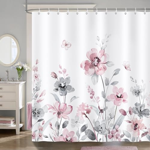 Bonhause Duschdraperi Rosa Grå Blommor Löv Modern Duschdraperi 180 x 180 cm Antimögel Vattentätt Polyester Tyg Tvättbart Badförhänge för Badrum med 12 Krokar