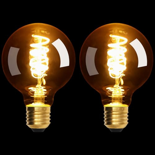 Terafeels 2 Pack E27 Vintage LED Light Bulbs, G80, 4W, Spiral Filament, 2700K Warm White Glow, Amber Glass, Dimmable Edison Screw in Light Bulb
