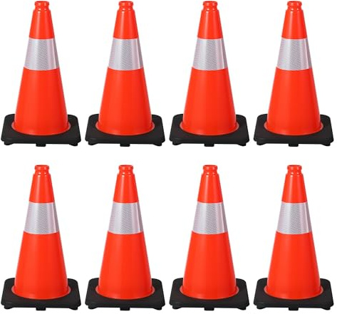 8-Pack 18 Inch Traffic Cones with Weighted Base - PVC Orange Safety Cones for Construction, Parking Lot, Driveway & Event Traffic Control