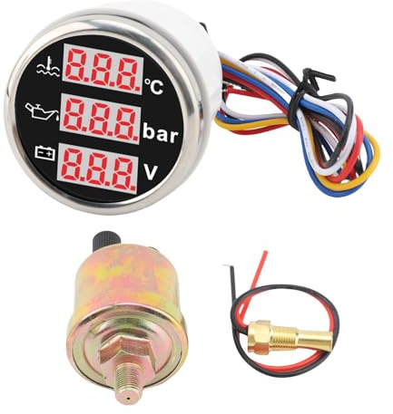 Kit de sensores de instrumentos 3 en 1, medidor de presión de aceite y temperatura del refrigerante del motor, voltímetro de batería, retroiluminación de pantalla Digital de 52mm (Cubierta plateada