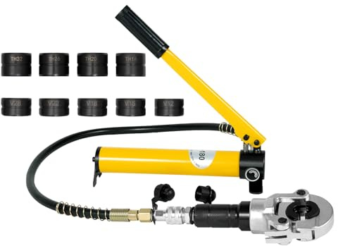 6T hydrauliska tänger med 9 avtagbara matriser, 360° roterbar rörpressstång med V-kontur och TH-kontur, krimptång lämplig för anslutningar i V-form från 12-28 mm/TH-form 16-32 mm