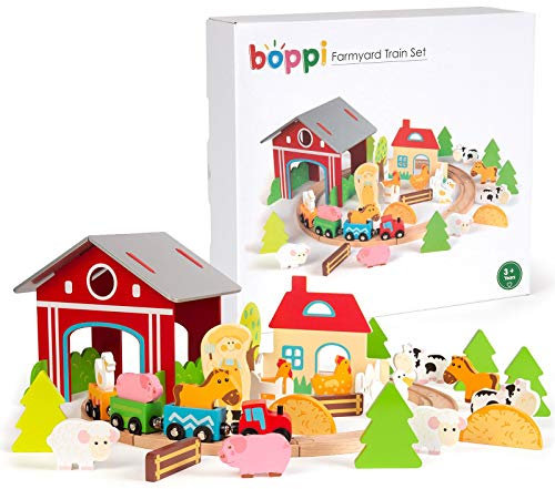 boppi - Eisenbahn für Kinder. 48 Teile Holzeisenbahn Zubehör mit Lokomotive, Zügen und Schienen für eine Rundstrecke durch eine Scheune inkl. Bauernhof Spielzeug