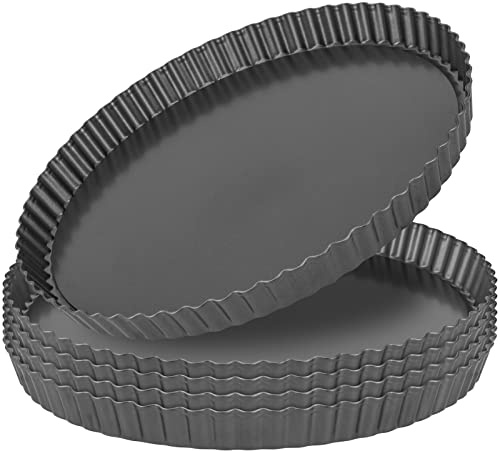 MUKLEI 5 moldes para quiche de 30 cm, antiadherente, acanalado, con base suelta, de acero al carbono, redondos, acanalados, para tartas, tartas de queso