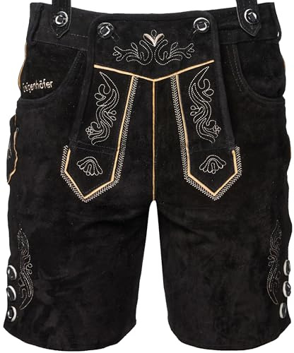 Bavarian Lederhosen for Men - Designed in Germany - Genuine Leather Pants with H-Style Suspenders, Color: Black, US Size: 36