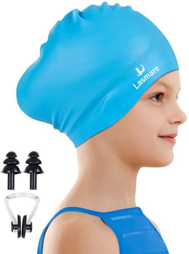 Kids Long Hair Swim Cap for Girls Boys, 2 Size Silicone Swimming Cap for Age 3-15 Toddler Children Teens, Waterproof Swim Hats Bathing Caps with Ear Plugs & Nose Clip to Keep Hair Dry(Age 3-8/Blue)