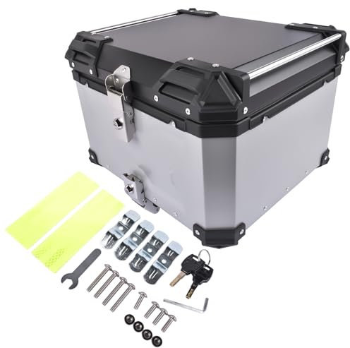 Bisenya 55L Baul Moto, Baúl de Aluminio Impermeable para Moto, Maleta Moto para Almacenamiento Casco, Caja Moto con Cerradura de Seguridad, Impermeable Caja Superior de Motocicleta (Plateado)