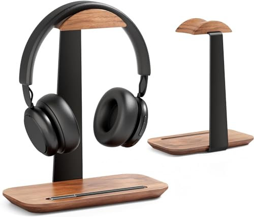 SHUOSUO Soporte de Auriculares de madera de nogal, Soporte para Cascos escritorio con base de almacenamiento, compatible con AirPods Max, Beats, Bose, Sony, Sennheiser, Gaming, etc