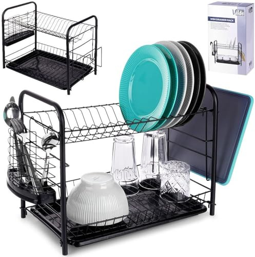 Vilde Tvåvåningsdiskställ metall svart – 51,5 x 24,5 x 33 cm – droppskål/bestickkorg – plats för 16 tallrikar/koppar/skålar – diskhållare kök – diskställ med handtag