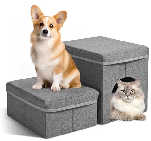 2 Stufen Treppe für Hunde, SenDeluz Faltbare Katzentreppe mit Aufbewahrungsboxen, Hundetreppe für Kleine Hunde Haustiertreppe für Sofa und Bett Treppe, 57,5cm x 36cm x 33cm