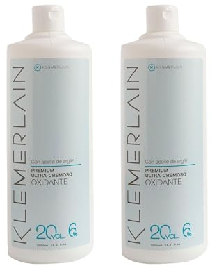Klemerlain Agua Oxigenada en Crema Estabilizada 20 Volúmenes 6%, Oxidante para Coloración Capilar Permanente y Decoloración. Formulación Vegana. Uso Profesional. Pack de 2 Uds de 1L