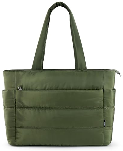 KALIDI Quilted Tote Bags for Women Puffer Laptop Handbag Large with Zip Multi Compartments for Work,Shopping,Gym,Travel (Green)