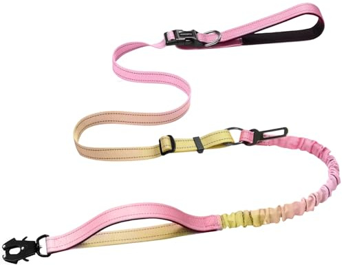 Strapazierfähige, freihändige Hundeleine mit Schnellverschluss-Karabiner und verstellbarem Bungee-Hundeleine, für Spaziergänge und Training, mit Auto-Sicherheitsgurt, 1,2 - 1,8 m, Rosa / Gelb