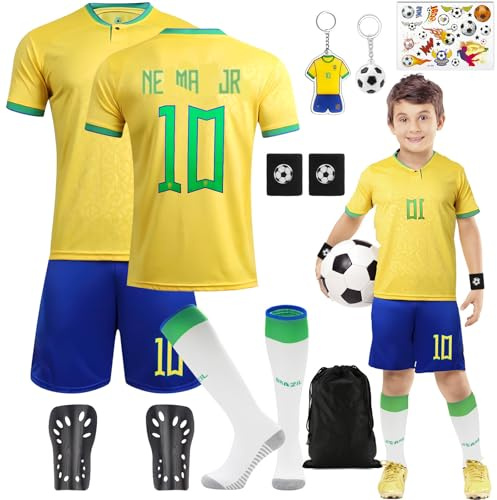 Conjunto de camiseta de fútbol para niños, nº 7/nº 10, camiseta de fútbol, chándal, camiseta y pantalón corto, calcetines con espinilleras, llavero, tatuajes temporales, camiseta de fútbol para