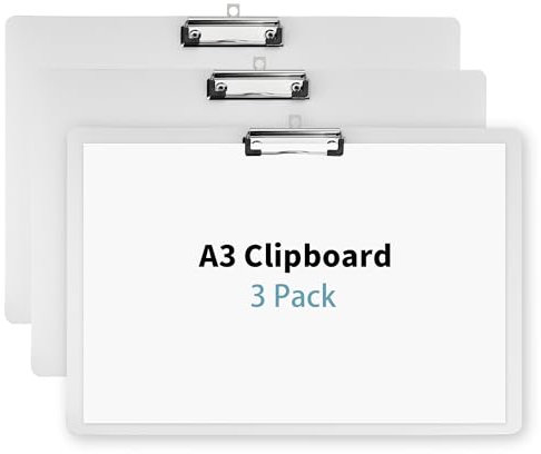 Aramanara Lot de 3 planchettes à pinces A3, très larges et paysages avec clip en métal à profil bas, 32 x 44 cm, bloc horizontal en plastique pour dessin, croquis (blanc)