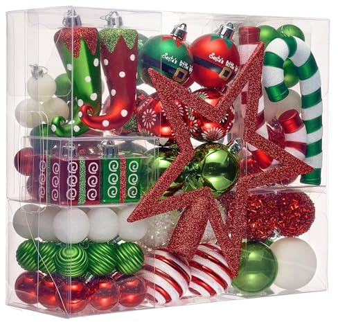 Victor's Workshop Weihnachtskugeln 100tlg. Plastik Christbaumkugeln Set Christbaumschmuck für Weihnachtsbaum Weihnachtsdeko Partydeko Hausdeko Elfen Thema Rot Grün Weiß(M)