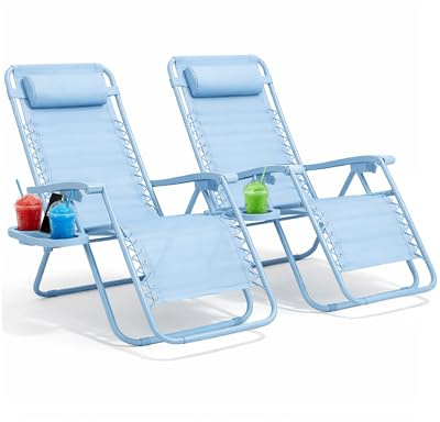KEPLIN Gravity Chair Monocolour- Adjustable Reclining Zero Gravity Lounger for Garden & Patio -Foldable Lightweight Chair with Ergonomic Support -Durable Textilene Fabric & Non-Slip Feet-Skyblue 2pk