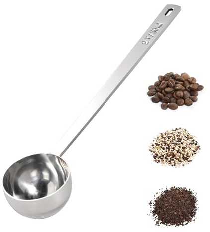 Doosu Cucchiaio dosatore per caffè, cucchiaio dosatore per caffè in acciaio inossidabile 18/8, manico extra lungo da 21,8 cm, per chicchi di caffè macinato, espresso (30ml, Argento)