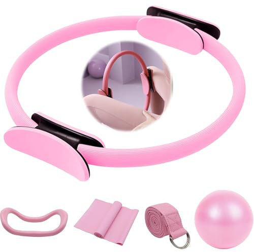 Mineup Pilates Ring Set, 5 Stück Pilates Essentials Kit für Frauen mit Yoga Ball, Yoga Gurt und Fitnessbänder, Pilates-Ring, Pilates Yoga Ring für zu Hause, Yoga, Kraft und Flexibilität, Rosa