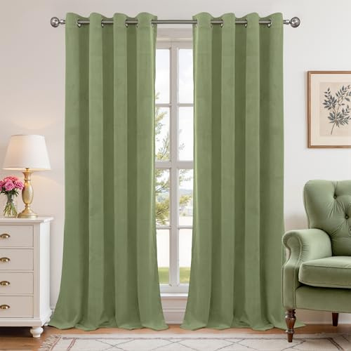 YoungsTex Sage Green Velvet Curtains 84 Inches Length for Living Room, Grommet Thermal Insulated Window Drapes Privacy Room Darkening for Dining Bedroom, 2 Panels, 52 X 84 Inch