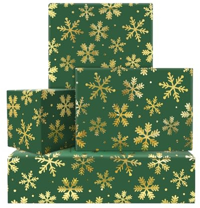 Lot de 4 feuilles de papier cadeau de Noël vert foncé pour homme et femme, imprimé avec flocons de neige en feuille dorée, papier cadeau plié à plat pour cadeau d'anniversaire, décoration de Noël