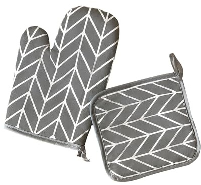 EAZHOP 16x25cm Oven Glove & 17x17cm Pot Holder Set Heat Resistant for Women Small Size Cotton Linen with Non-Slip Grip for Kitchen Baking Cooking BBQ (Grey Diamond Pattern)