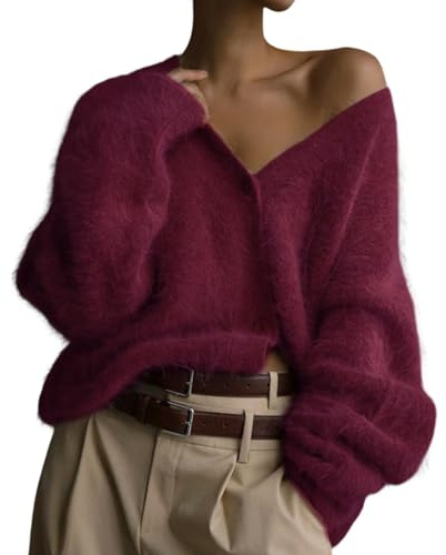 FYHTC Gilets Pulls Doux pour Femme Col en V Boutonné Oversize Mohair Décontracté Y2k Automne Hiver(Burgundy,Small)