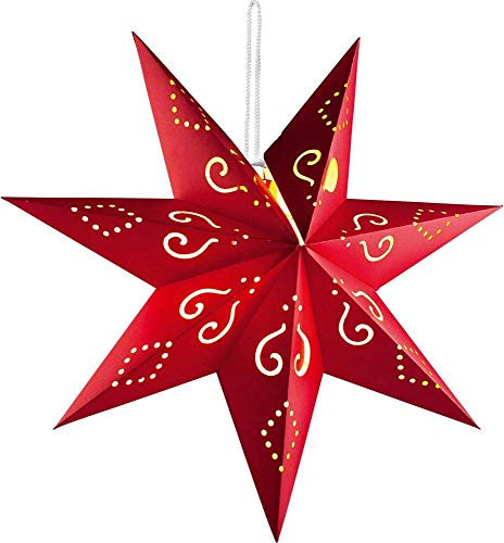 Hellum Weihnachtsstern innen, LED Papierstern beleuchtet, Stern zum Aufhängen mit Fernbedienung mit Timer, roter Stern Weihnachtsdeko Fenster batteriebetrieben Ø60cm Weihnachtsbeleuchtung innen 521795