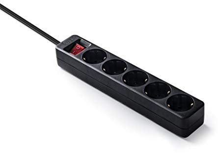 Famatel 9/705-N Regleta ecosockets 5 Interruptor Luminoso | 1,5 Metros | hasta 3500W | Protección Infantil | Base enchufes Múltiple | Orientación Tomas a 45º | Evita consumos Fantasma | Negro