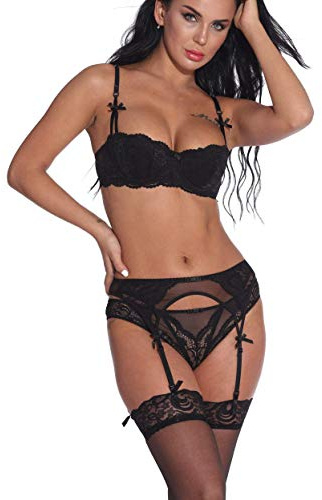 Bluewhalebaby - Set lingerie sexy da donna, confortevole, reggiseno push-up con ferretto e slip, in pizzo fine, con cintura a giarrettiera opzionale Nero con reggicalze 5D