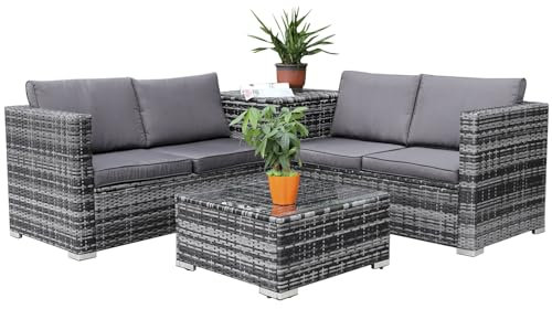 Enjoy Fit Rattan Polyrattan Lounge Sitzgruppe Garnitur Gartenmöbel aus 4 Sitze Sofa, Aufbewahrungsbox für Kissen