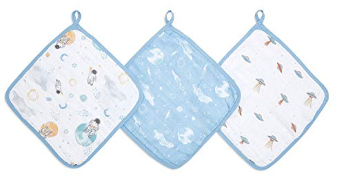 aden + anais essentials Washcloth Set, Super Soft 100% Cotton Muslin, 27.5x27.5cm, 3 Pack, space explorers