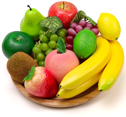 Meiwlong 10 frutti artificiali finti banana, uva, limone, kiwi, arancia, mela, pesca, fragole, ornamenti, finta combinazione realistica, decorazione per casa e ristorante