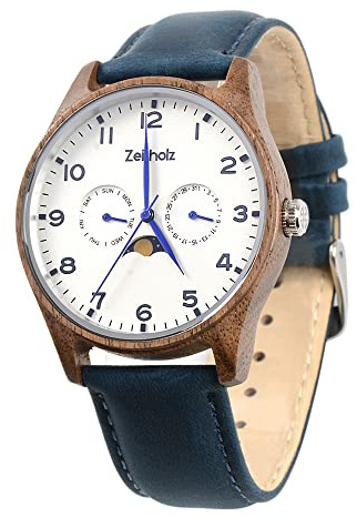Zeitholz Relojes de Madera Hombre, Regalo para Hombre, Nueva colección Klitten 42mm analógico con Movimiento de Cuarzo Japonés y Calendario Lunar (Madera de Nogal)