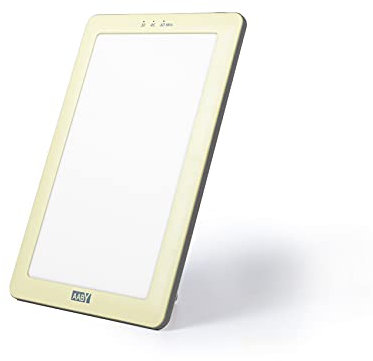 AABY Premium Daylight Therapy Lamp - Medically Certified Mood Light - UV & Flicker Free 10,000 Lux Bright White LED Light, w/3-Step Brightness & Timer Options - Fold-Out Stand Built-In