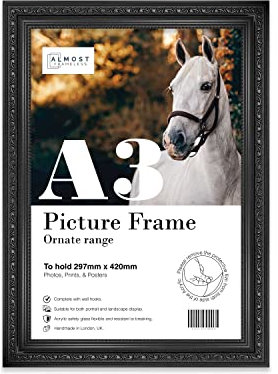 Almost Frameless A3 Black Ornate Picture Frame Fits A3 (29.7 x 42cm - 11.7 x 16.5in) Poster, Photo, Artwork, or Print. Baroque Style Portrait and Landscape Display with Wall Hooks